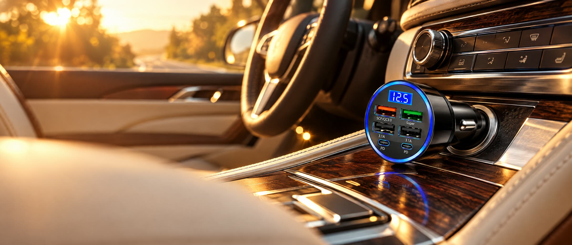 Carregador de carro com visor azul aceso no console, com luz dourada de fim de tarde