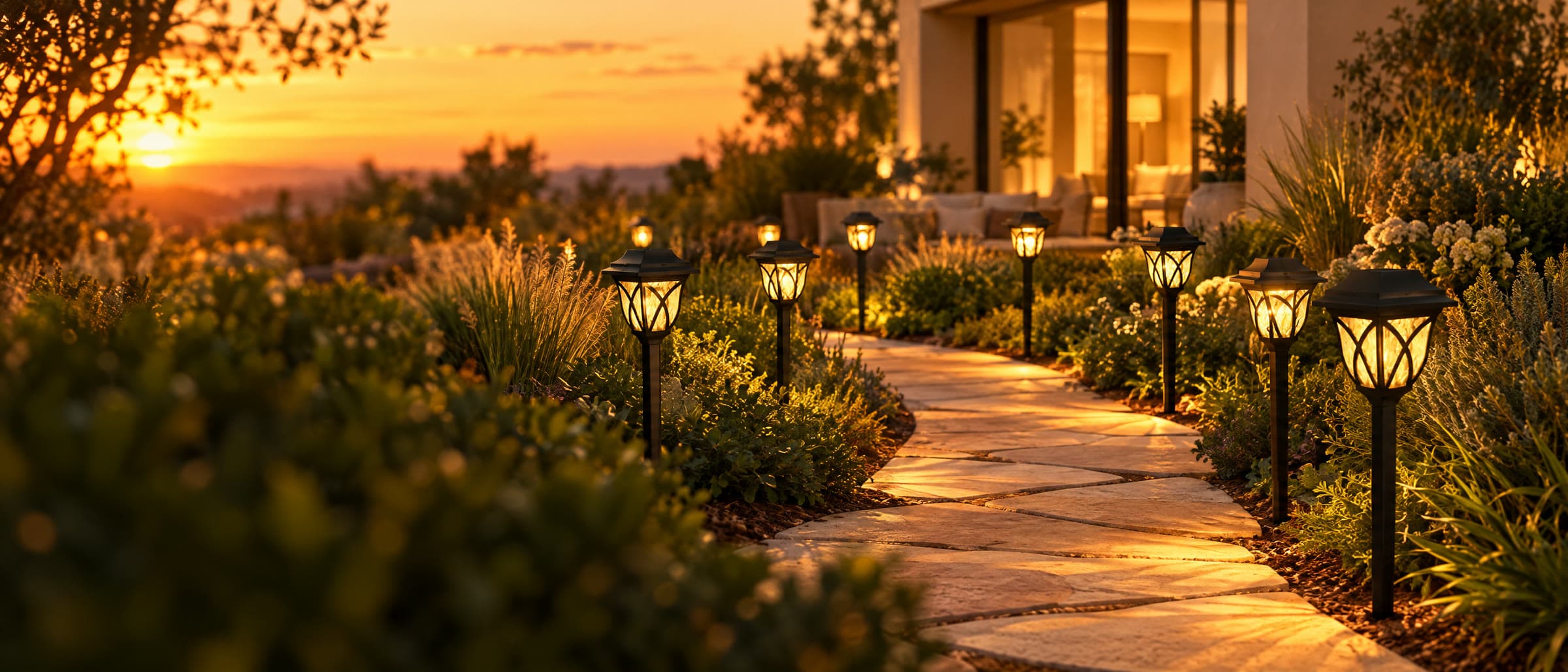 Caminho de pedra num jardim ao pôr do sol, iluminado por luminárias solares