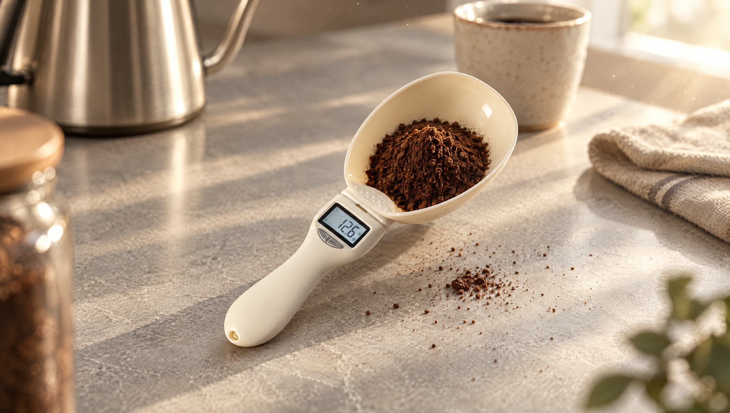 Colher balança digital com café moído na bancada da cozinha, com luz da manhã